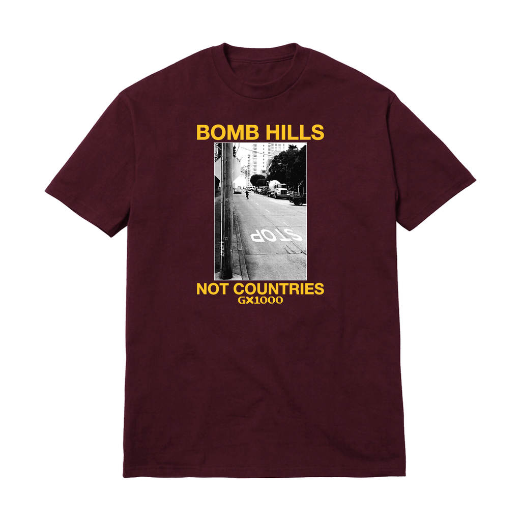'Bomb Hills Not Countries' Photographic Tee Shirt - Burgundy with Yellow Print