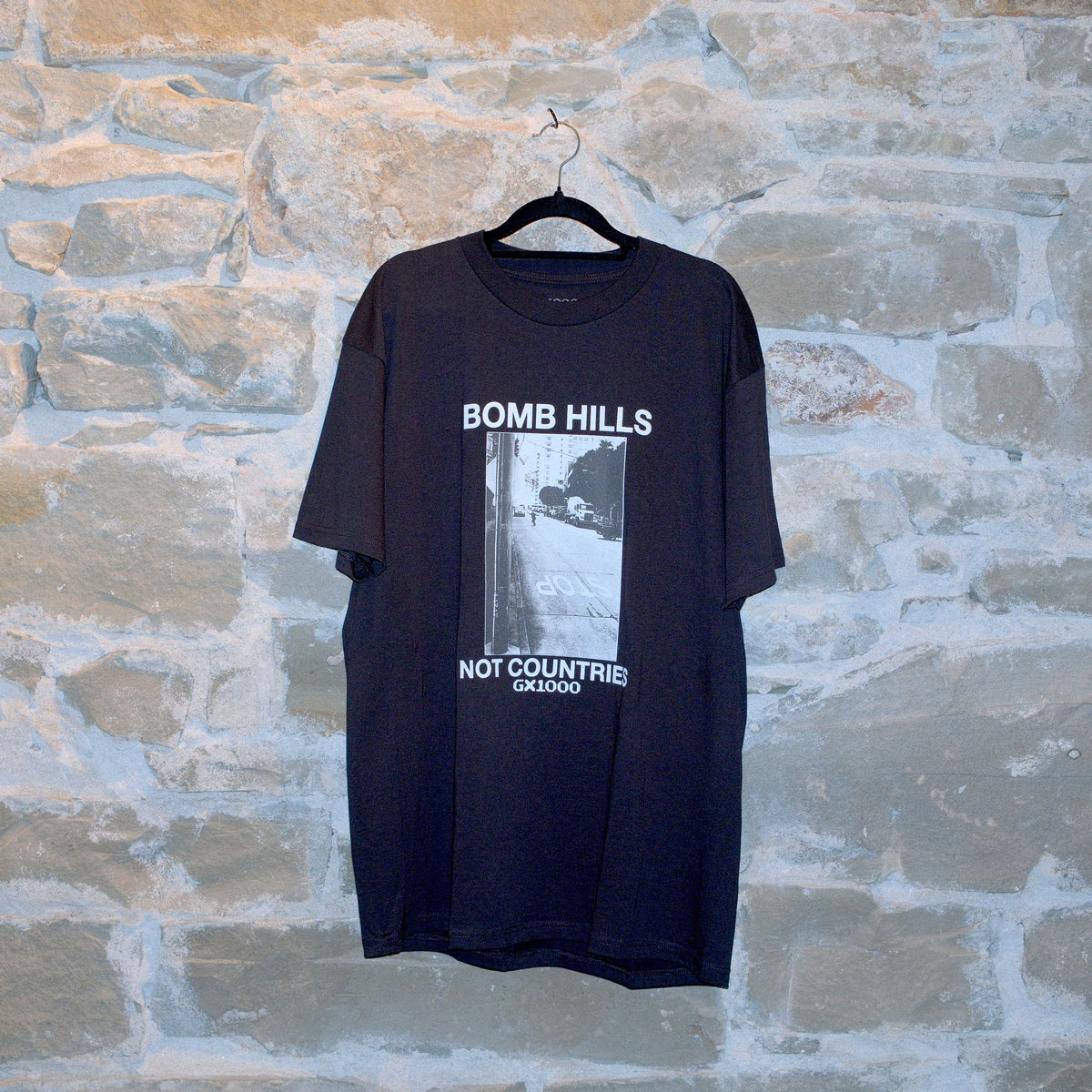 'Bomb Hills Not Countries' Photographic Tee Shirt - Black with White Print
